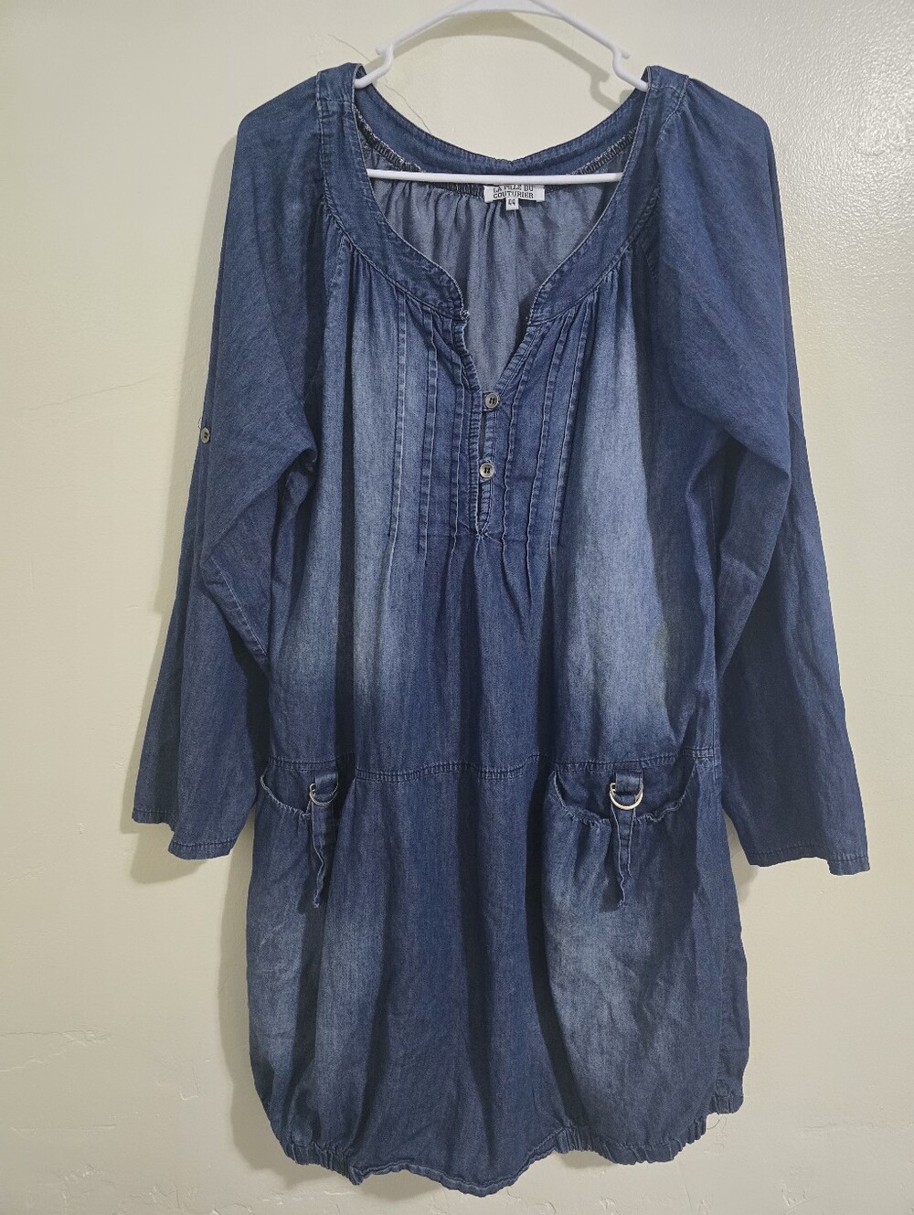 La Fille Du Couturier Long Sleeve Bubble Hem Half Button Chambray Dress Size L